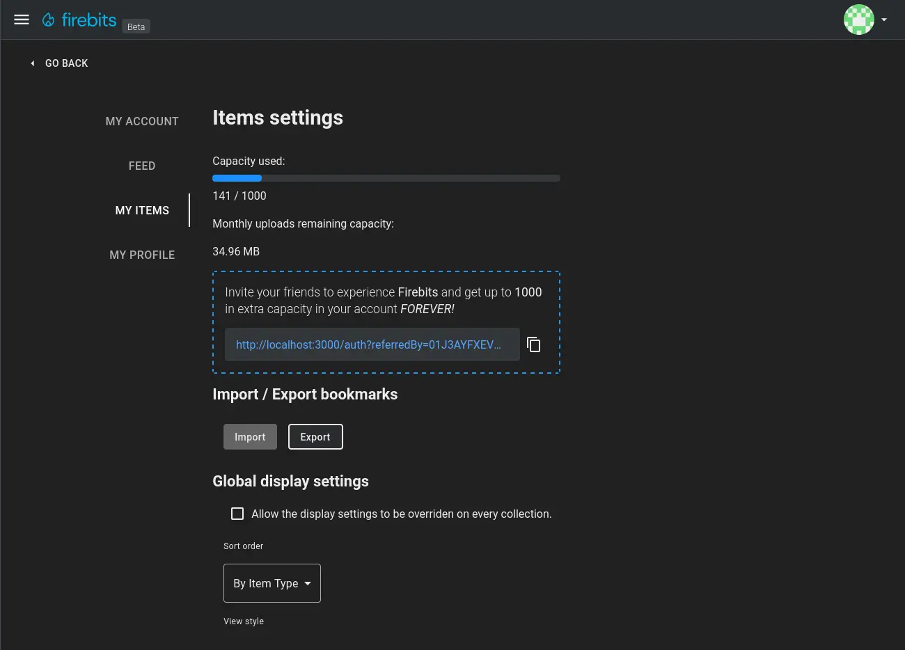 Firebits items settings page